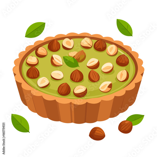 Delicious hazelnut tart with a green pistachio cream filling and a golden fluted crust, garnished with fresh leaves.
