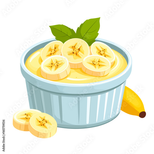 Creamy banana pudding in a blue ribbed ramekin, topped with fresh banana slices and a mint garnish.