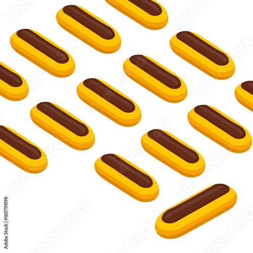 A repeating pattern of delicious isometric chocolate eclairs with glossy brown icing.