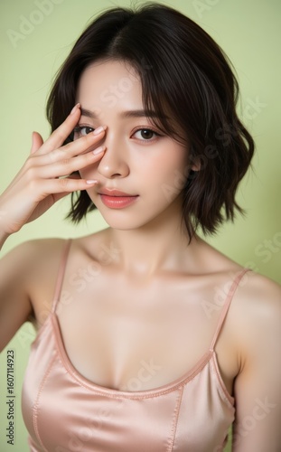 Wallpaper Mural A modern medium close up of a gorgeous Asian woman with a playful yet seductive look. Her casual style and wavy hair pop against the soft lime background. Ideal for commercial ads.
 Torontodigital.ca