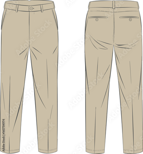 Men’s chino trousers colored CAD drawing, technical flat sketch, garment vector template, fashion apparel design, clothing illustration for designers