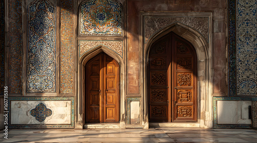 Two ornate wooden doors with intricate tilework on a stone wall bathed in sunlight architecture