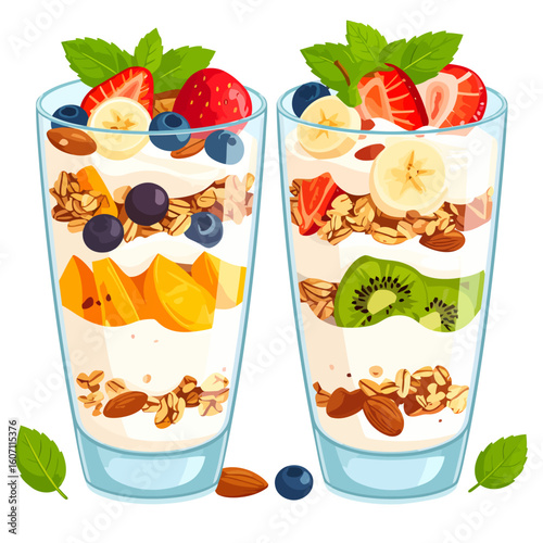 Two layered yogurt parfaits with granola, fresh berries, banana, mango, and kiwi.