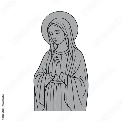 Praying Virgin Mary, Monochromatic Religious Art Illustration
