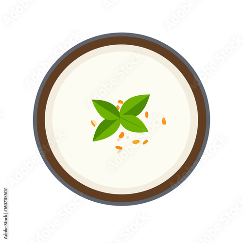 Creamy white soup in a bowl, garnished with fresh basil leaves and seeds, top view illustration.