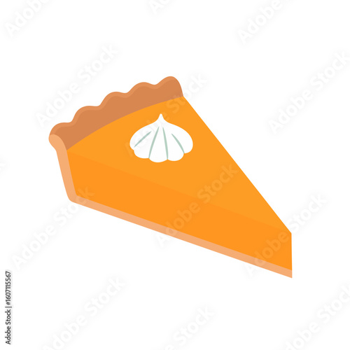 A single slice of orange pumpkin pie with a fluted crust and a dollop of white whipped cream.