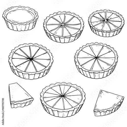 Hand-drawn collection of pies and tarts with fluted crusts. Black and white sketch illustration set of whole desserts and individual slices.