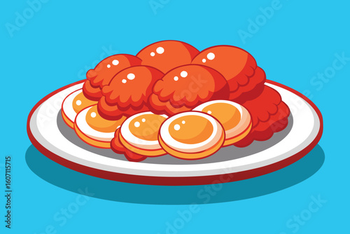 Cartoon Illustration of Chicken Adobo and Hard Boiled Eggs on a Plate