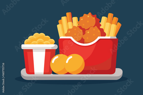 Cartoon Fast Food Meal with Chicken Nuggets Fries Popcorn and Eggs