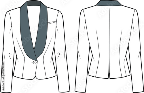 Stylish women’s shawl collar blazer cad drawing, vector fashion sketch, front and back view, elegant formal jacket design