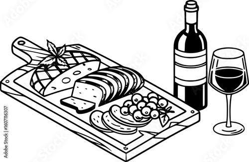 Hand-Drawn Charcuterie and Wine – Chalk Style Antipasto, Cheese Plate, and Italian La Dolce Vita Vector Illustration