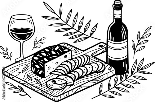 Hand-Drawn Charcuterie and Wine – Chalk Style Antipasto, Cheese Plate, and Italian La Dolce Vita Vector Illustration