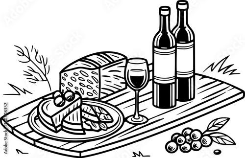 Hand-Drawn Charcuterie and Wine – Chalk Style Antipasto, Cheese Plate, and Italian La Dolce Vita Vector Illustration
