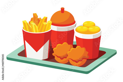 Cartoon Fast Food Meal with Fries Drink Nuggets and Dipping Sauce