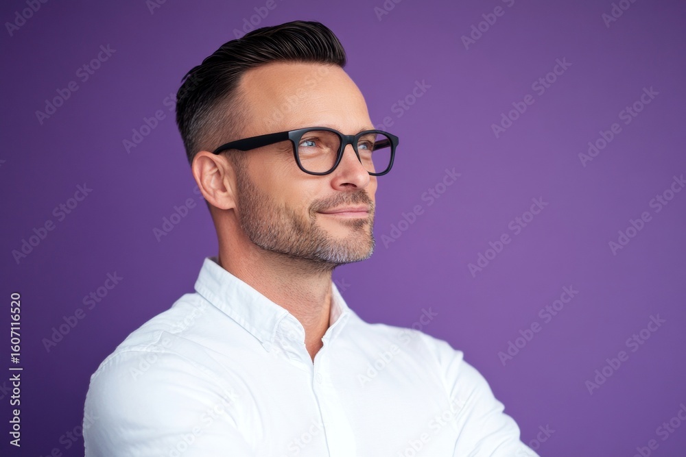Obraz premium A relaxed man looking serene in his portrait. Classy men's short caesar haircut - midlife white man with black hair. Concept art of style for aging men. Purple solid background.