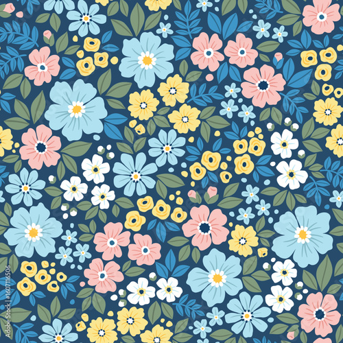 Cute seamless floral pattern. Ditsy style background of small pastel colorful flowers. Small flowers scattered over a dark blue background. Stock vector printing for surfaces. Abstract flowers. 