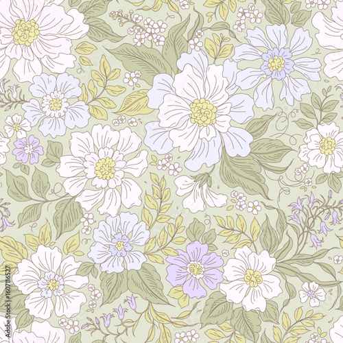Wallpaper Mural Cute floral background. Spring floral pattern with small white and lilac flowers on light green background. Seamless pattern for design and fashion prints. Liberty style. Stock vector illustration.  Torontodigital.ca