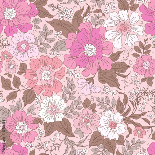 Flowers field vector floral pattern in soft and natural colors white and pink. Beautiful digital textile seamless floral, pink background. Cute ditsy background. Fashion summer print with flowers. 

