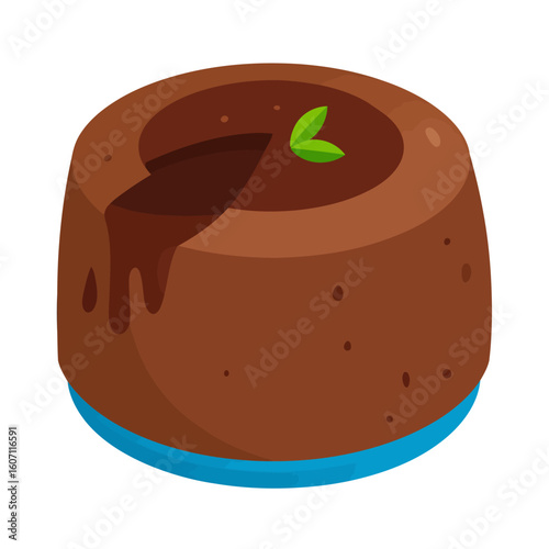 Isometric vector of a rich chocolate lava cake with a dripping molten center and fresh mint garnish.