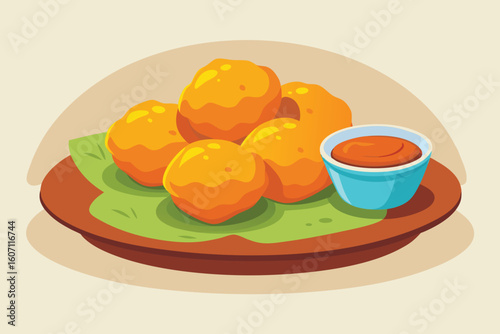 Crispy Chicken Nuggets with Dipping Sauce on a Plate Illustration