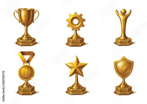Realistic gold trophies with pedestals for awards success and celebration