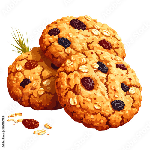 Stack of three golden oatmeal raisin cookies with visible rolled oats and a wheat sprig.
