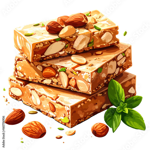 Stacked almond nougat bars with whole nuts and fresh mint garnish, vector illustration.