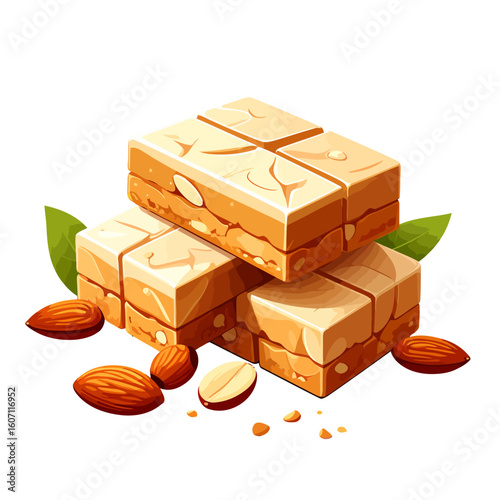 Stacked blocks of creamy almond nougat confection with whole nuts. A sweet, nutty dessert illustration.