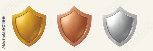 Gold bronze and silver shield icons for award protection and achievement