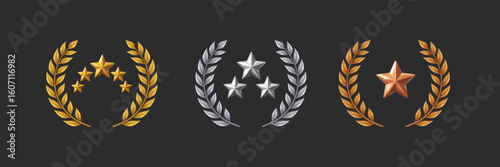 Star ranking award icons with laurel wreaths in gold silver and bronze