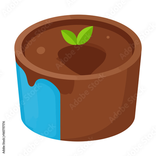 Isometric chocolate dessert with a heart-shaped center and mint garnish in a blue cup.