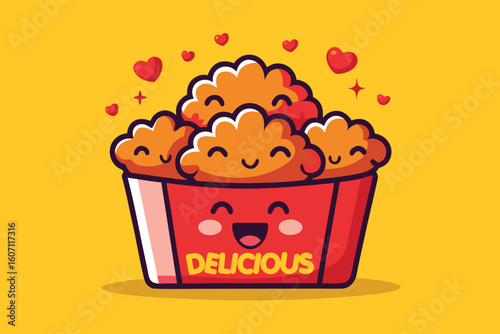 Cute Cartoon Chicken Nuggets in a Bucket with Hearts and Stars