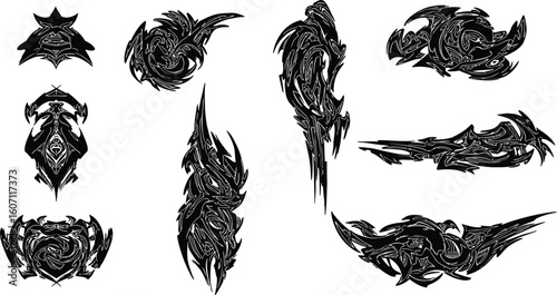 Set of tribal vector tattoo design elements featuring black and white dragons, birds, and floral ornaments with grunge textures and decorative frames