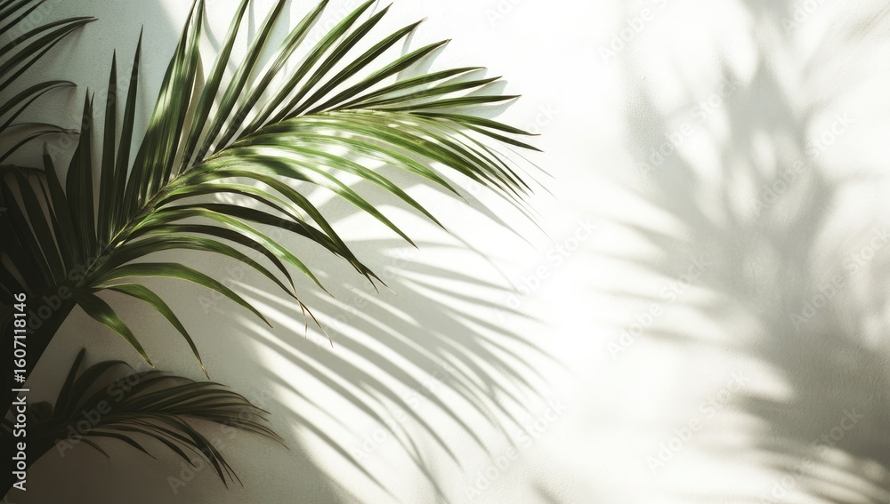 Obraz premium Palm fronds cast soft shadows on a white wall