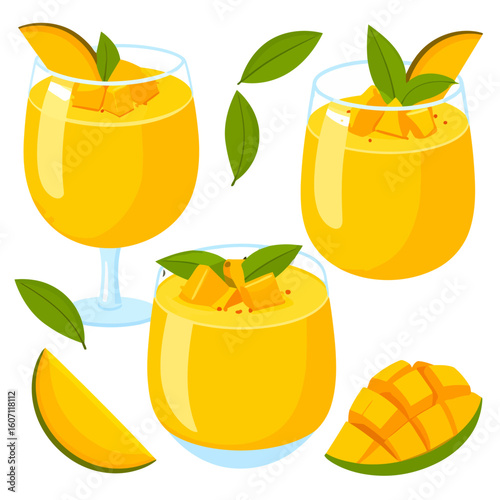 Collection of vibrant yellow mango smoothies in various glasses, garnished with fresh mango cubes, slices, and green leaves.