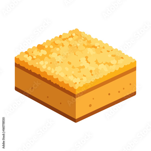 Isometric square slice of golden coffee cake with a sweet crumble streusel topping.