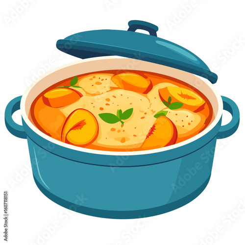 Warm peach cobbler dessert with fresh fruit slices and mint garnish in a blue Dutch oven.