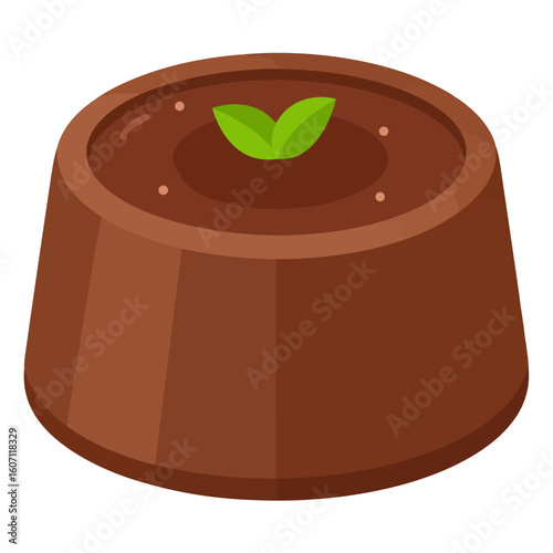 Rich chocolate pudding dessert with a fresh mint leaf garnish, vector illustration.