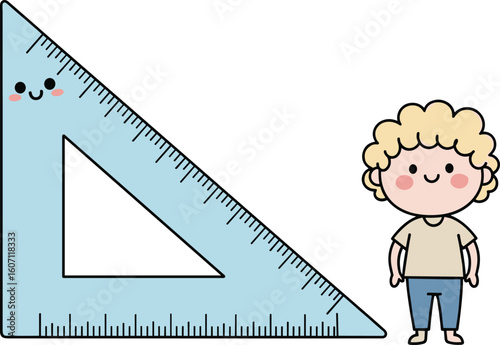 Cartoon boy with smiling triangular ruler, cute educational illustration, math geometry concept for kids, colorful classroom learning supplies design