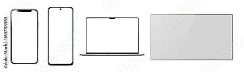 Isolated Set of Smart Devices with Blank Screens. Smartphones, Laptop, and LED TV with Shiny transparent glass panel. Vector Illustration for Tech Mockups & UI Design