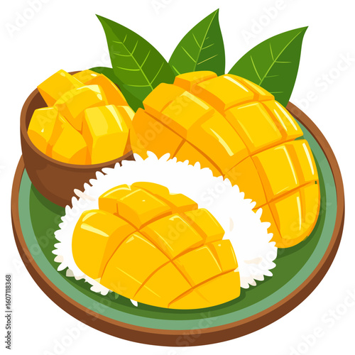 Illustrated Thai dessert, Mango Sticky Rice, with ripe yellow mango slices and leaves on a plate.