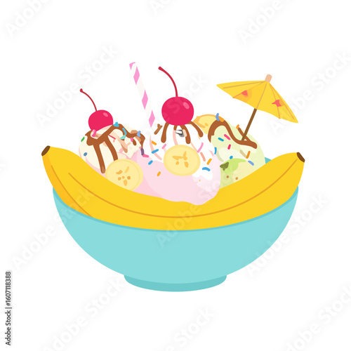 Colorful illustrated banana split sundae with three scoops of ice cream, cherries, sprinkles, and a cocktail umbrella.