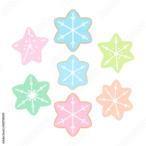 A charming set of pastel-colored, star-shaped cookies decorated with white snowflake icing.