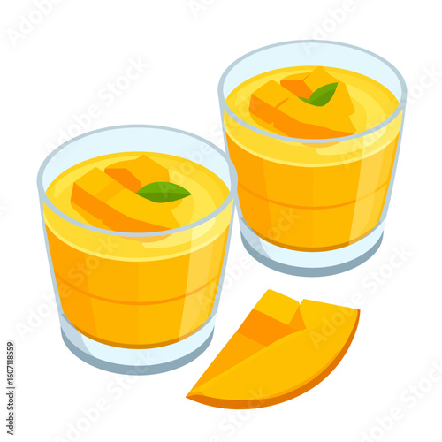 Two glasses of vibrant yellow mango smoothie with fruit chunks, mint garnish, and a fresh mango slice.