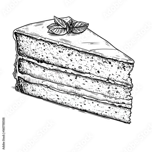 Hand-drawn sketch of a multi-layered cake slice with a textured sponge and mint garnish.