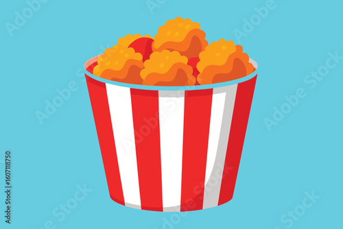 Cartoon Bucket Full of Crispy Fried Chicken Nuggets Illustration on Blue Background
