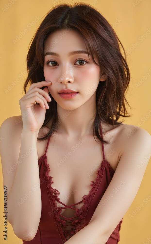 Fototapeta premium Radiant Asian model with wavy bob hair in a bold red tank top on a soft yellow background. A modern and chic beauty shot perfect for fashion and cosmetic advertising with ample copy space