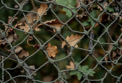 Close-up of textured military camouflage netting, woodland pattern,  brown,  fabric