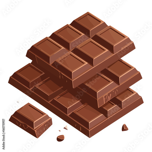 Isometric vector illustration of stacked milk chocolate bars with a broken square piece and crumbs.