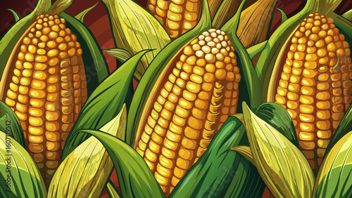  Fresh Yellow Corn with Leaves Vector Illustration